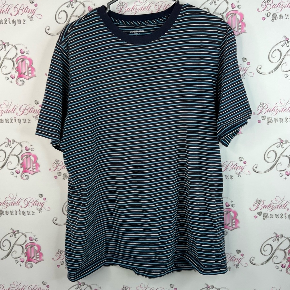 Lands' End tshirt top stripes Men's Blue and White Striped Short Sleeve Tee
